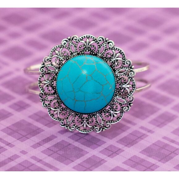Vintage Art Nouveau Art Nouveau Floral Circle Blue Bead Hinged Bangle 7 1/2 inch - Picture 1 of 4